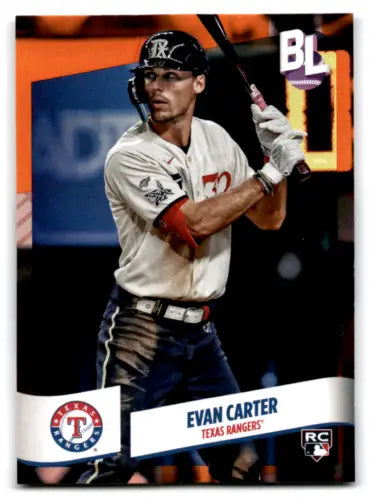 Baseball card of Evan Carter in batting stance, Topps Big League Electric Orange edition