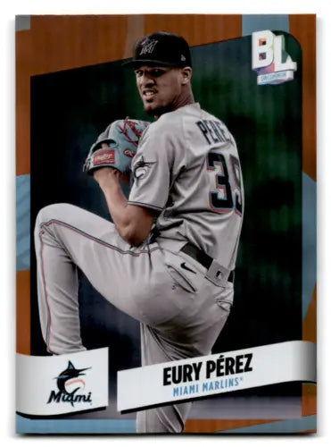 Baseball card of Eury Perez in grey road uniform, Topps Big League Electric Orange