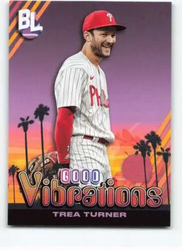 Baseball card of Trea Turner in Phillies pinstripe uniform with sunset backdrop, Topps Big League