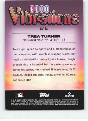 Baseball card of Trea Turner featuring original gloss from 2024 Topps Big League Good Vibrations