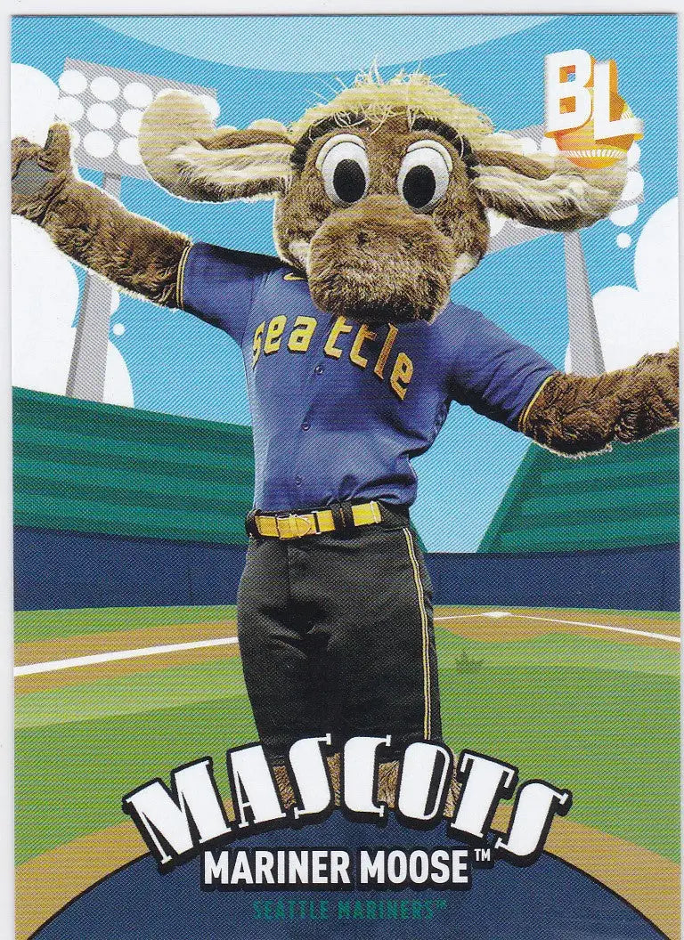 Cartoon Mariner Moose mascot in Seattle Mariners uniform for Topps Big League insert