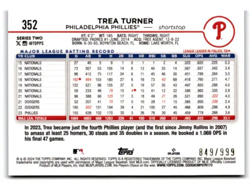 Trea Turner baseball card featuring Topps Blue Foil original gloss 849/999 from 2024