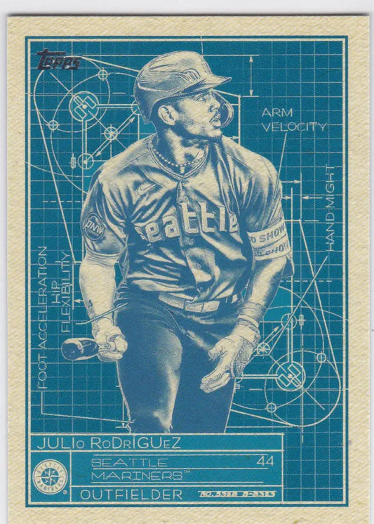 Baseball card of Julio Rodriguez Seattle Mariners in a batting stance on Topps Blueprint design