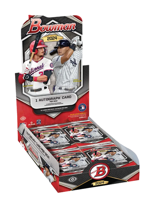 Display box for 2024 Topps Bowman Baseball Hobby Box featuring trading cards and autographs