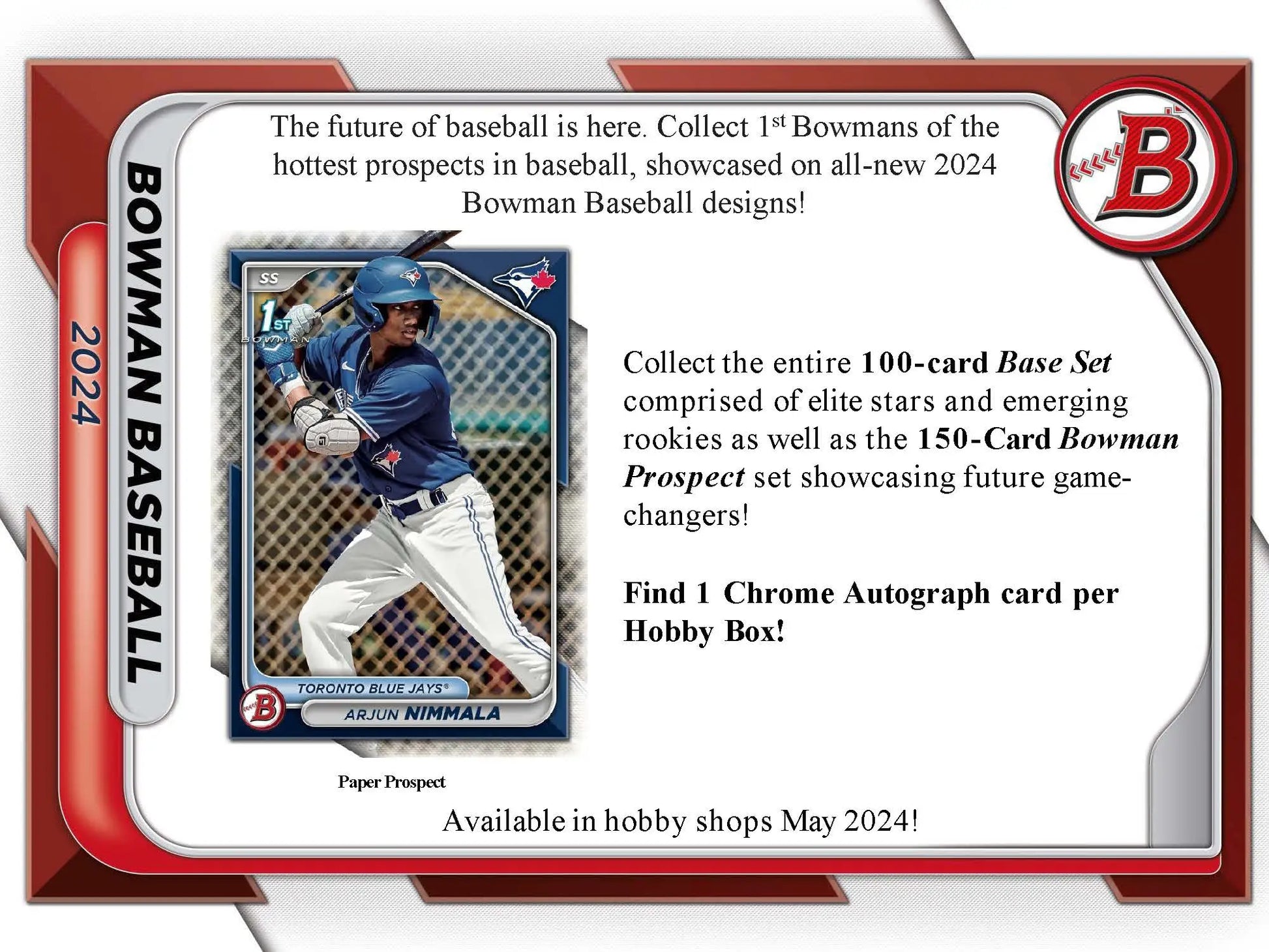 Baseball card advertisement for 2024 Bowman Baseball featuring player in blue uniform