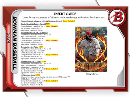 Baseball card checklist and fiery player design on 2024 Topps Bowman Baseball pack