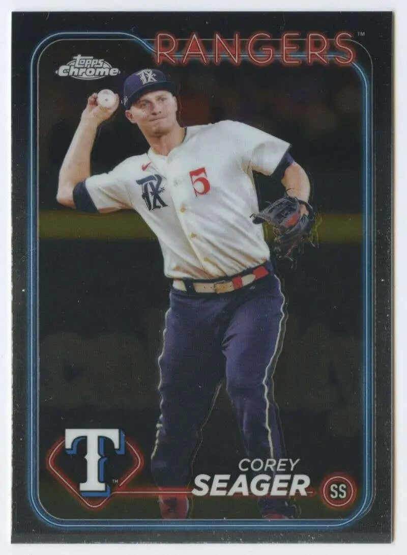 Corey Seager throwing a ball in a Texas Rangers white jersey baseball card