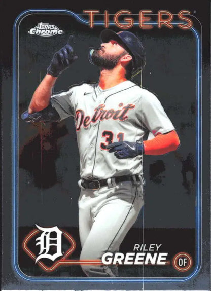 Riley Greene Detroit Tigers Baseball Card featuring outfielder in white uniform