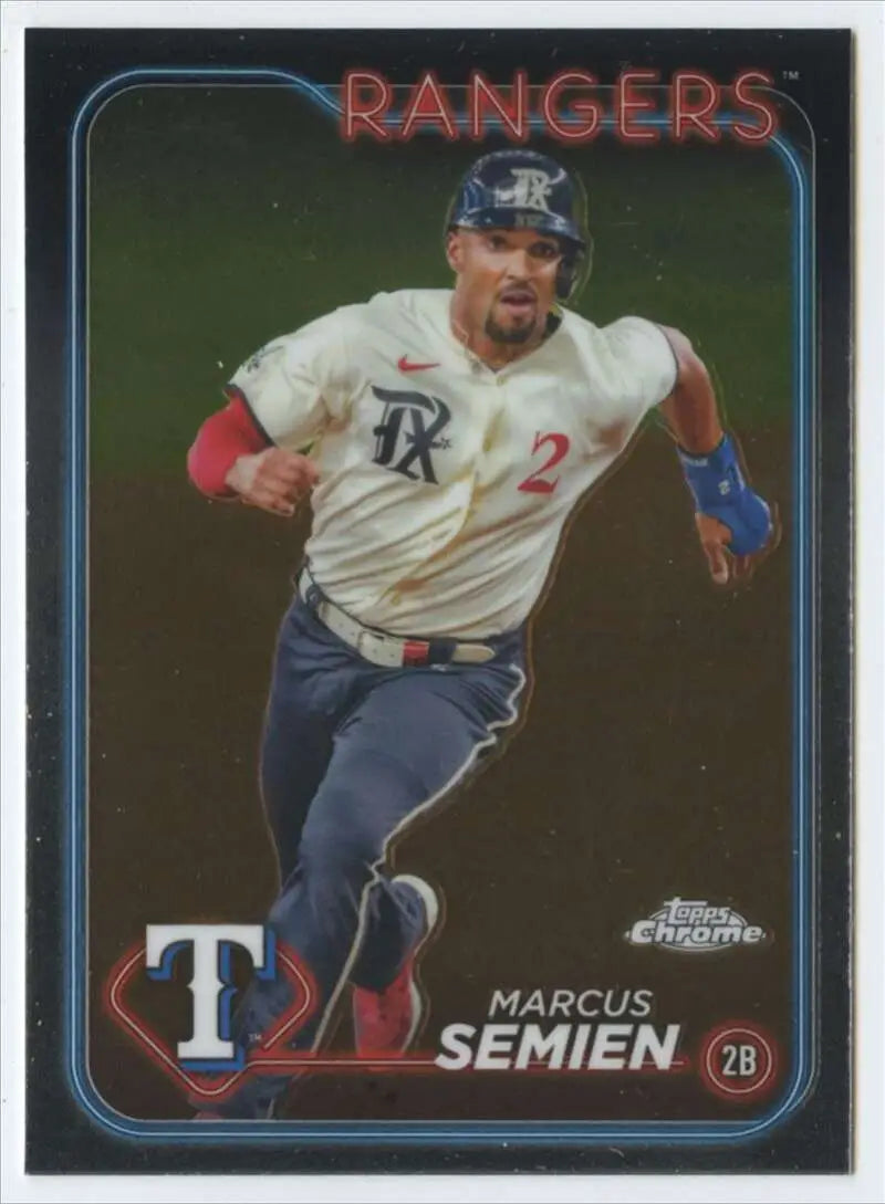 Marcus Semien running on 2024 Topps Chrome baseball card with a dark background