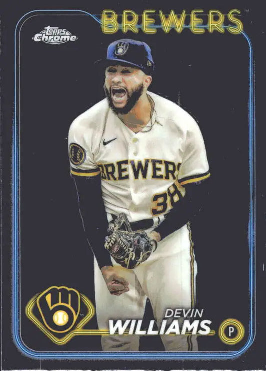 Devin Williams Milwaukee Brewers baseball card showing emotion in home white uniform