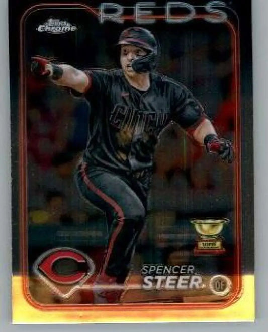 Spencer Steer Cincinnati Reds baseball card in black uniform with bat