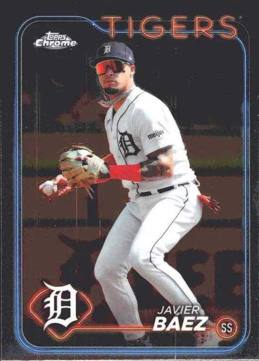 Javier Baez in a white home uniform fielding for the Detroit Tigers baseball card