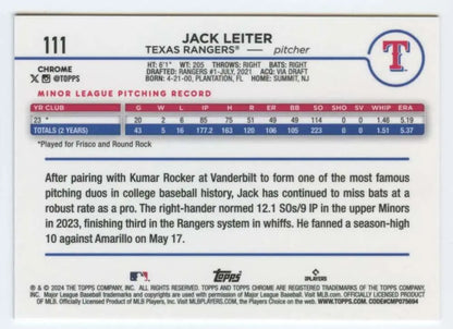 Jack Leiter Texas Rangers baseball card featuring Topps Chrome stats and biography