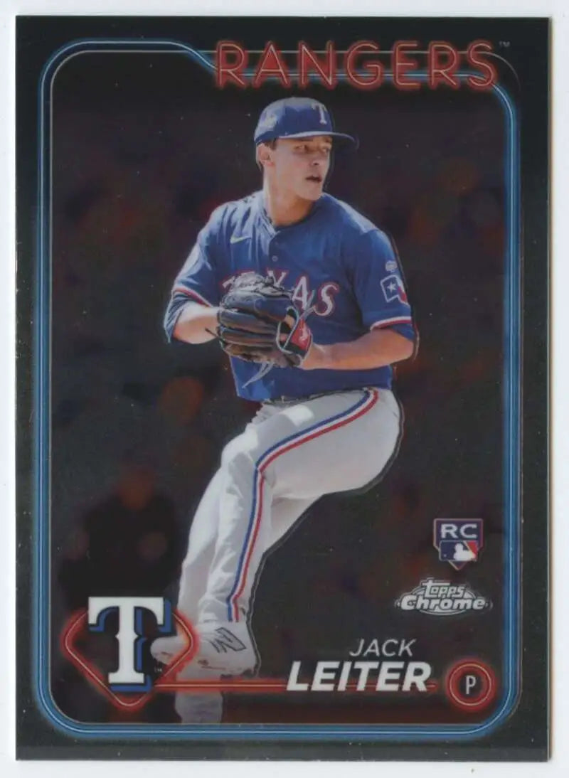 Texas Rangers Jack Leiter mid-throwing in blue uniform on 2024 Topps Chrome baseball card