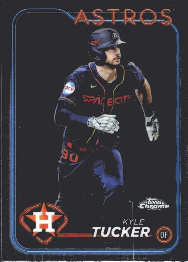 Baseball card of Kyle Tucker in black Space City uniform for Houston Astros Topps Chrome