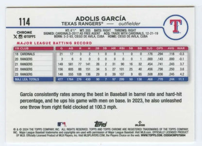 Adolis Garcia 2024 Topps Chrome #114 Texas Rangers Baseball Card with stats