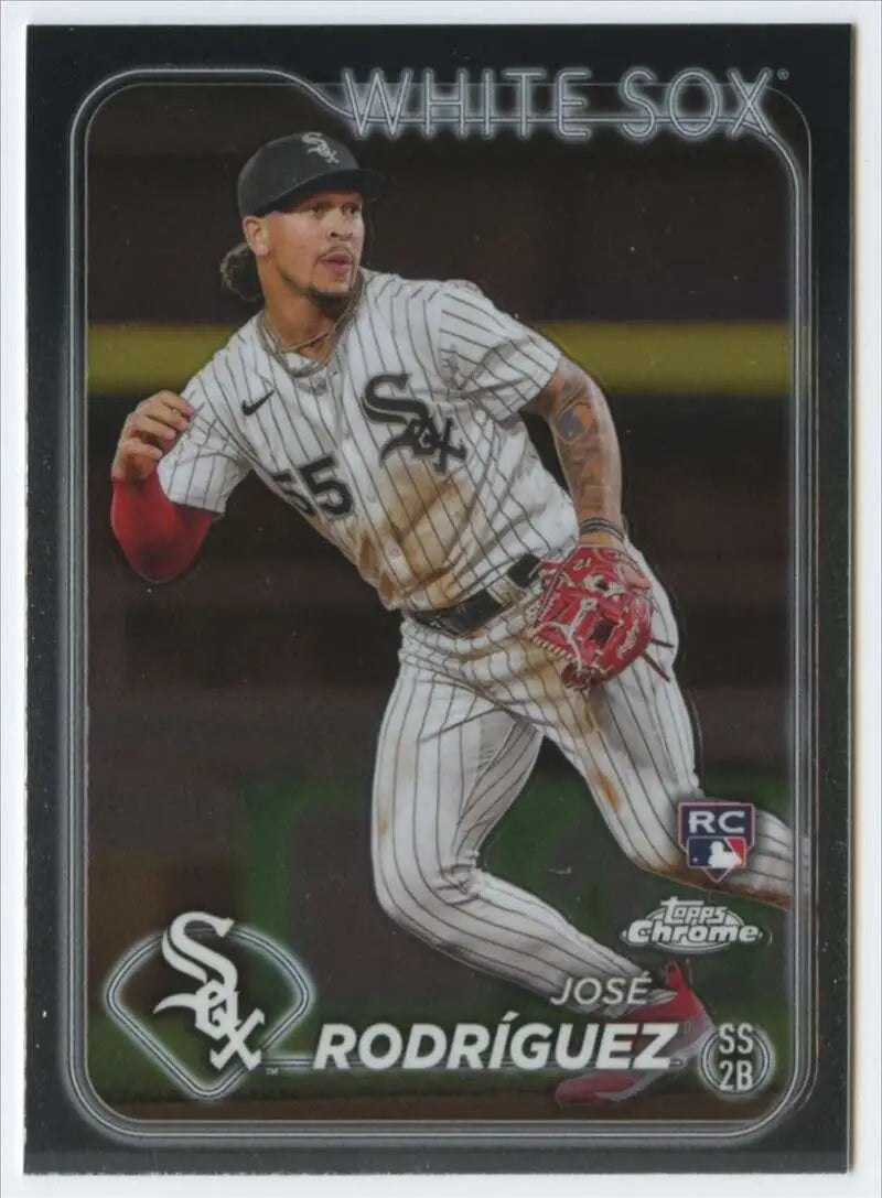 Baseball card of Chicago White Sox shortstop Jose Rodriguez in pinstripes throwing