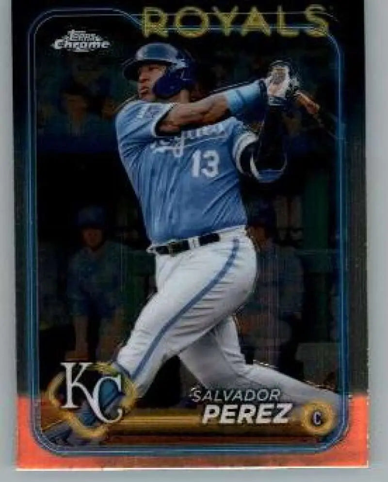 Baseball card of Salvador Perez swinging bat in Kansas City Royals powder blue uniform