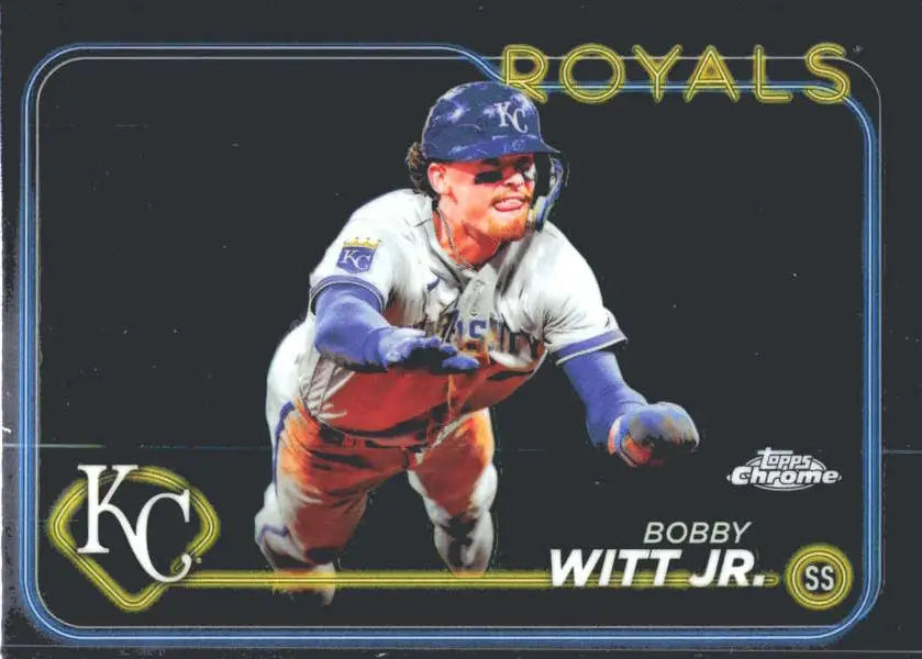 Bobby Witt Jr. diving for a ball on Kansas City Royals baseball card 2024 Topps Chrome