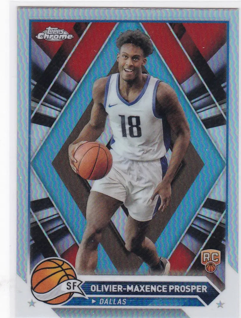 Chrome-finish basketball trading card of Olivier-Maxence Prosper RC Dallas Mavericks dribbling