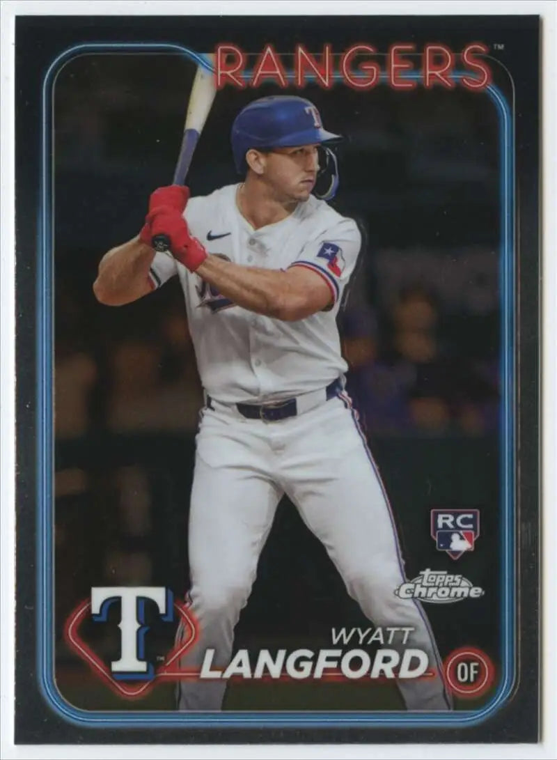 Wyatt Langford Texas Rangers Baseball Card in white uniform with red bat