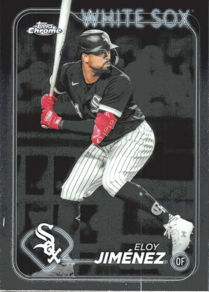 Eloy Jimenez Chicago White Sox Baseball Card in pinstriped uniform and red gloves