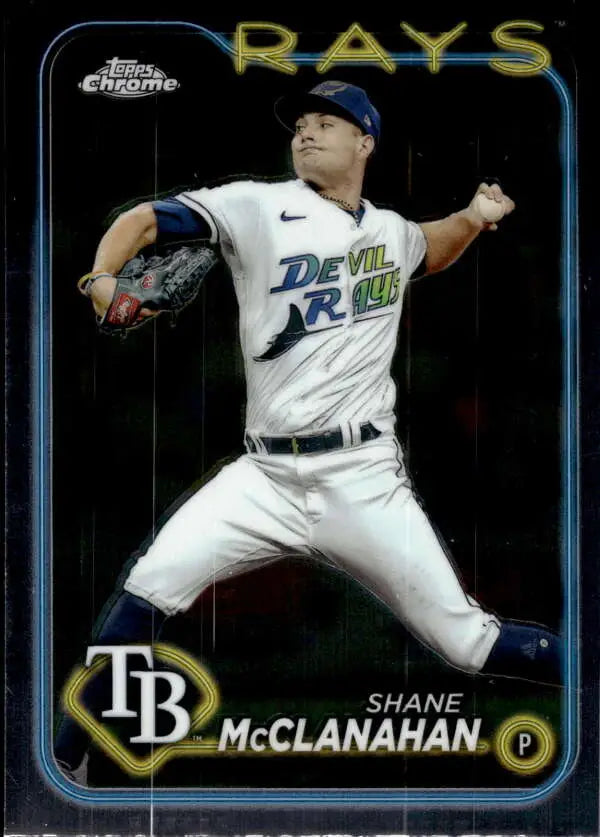 Shane McClanahan in white Devil Rays uniform pitches for Tampa Bay Rays baseball card