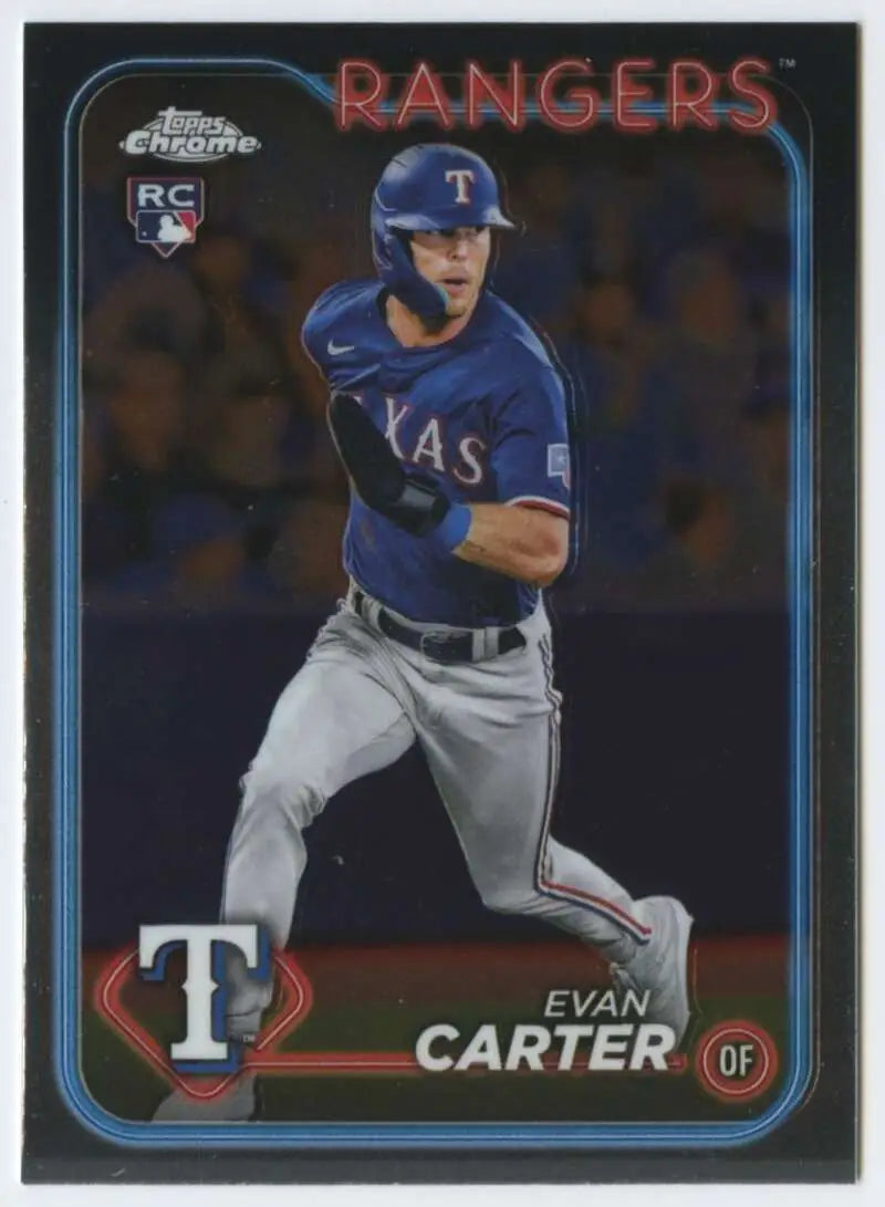 Evan Carter Texas Rangers baseball card in blue uniform from 2024 Topps Chrome