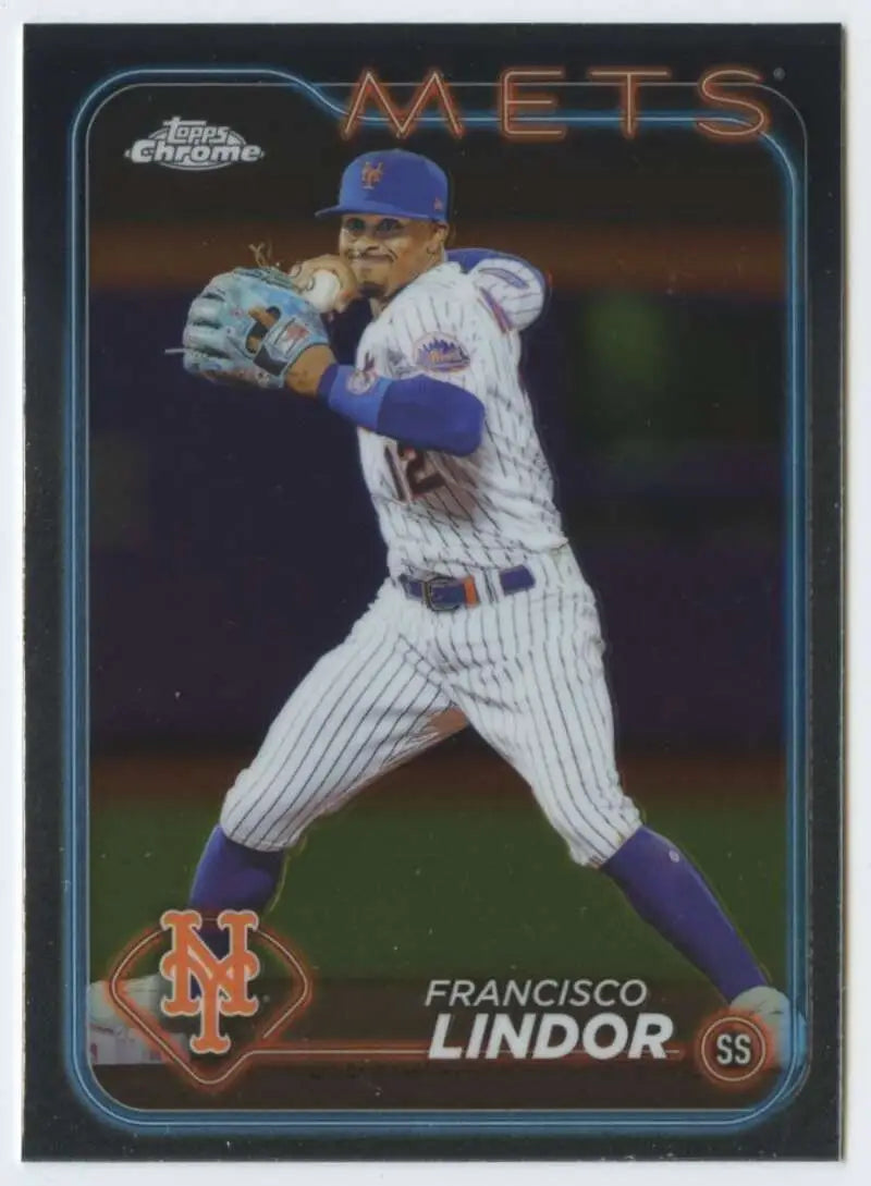 2024 Topps Chrome Baseball Card of Francisco Lindor in New York Mets pinstripe uniform