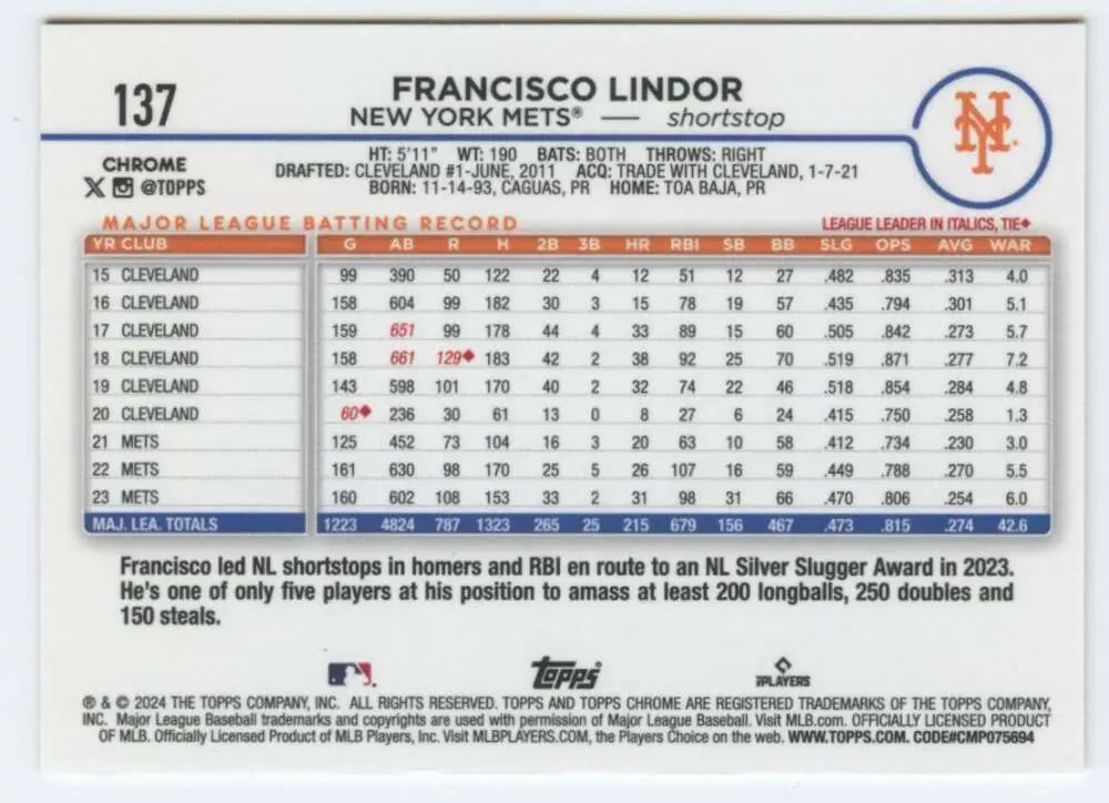 Francisco Lindor 2024 Topps Chrome #137 New York Mets Baseball Card statistics