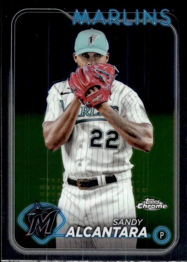 Baseball trading card of Sandy Alcantara in Miami Marlins pinstripes, Topps Chrome design