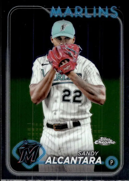 Baseball trading card of Sandy Alcantara in Miami Marlins pinstripes, Topps Chrome design