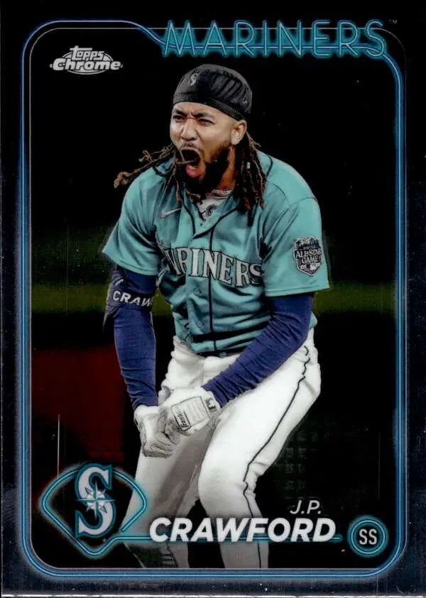 Baseball card of J.P. Crawford in teal jersey, Seattle Mariners, Topps Chrome collectible