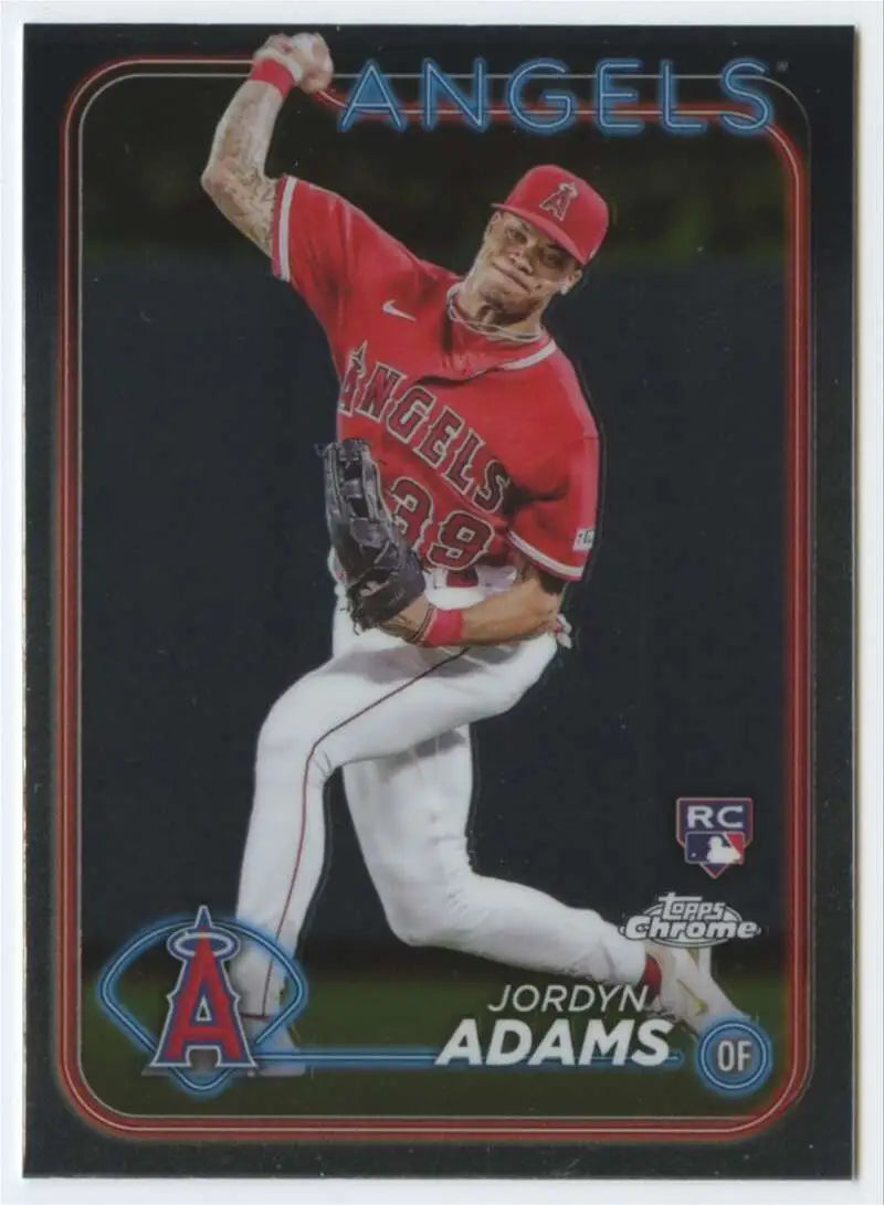 Jordyn Adams mid-throw in red uniform, 2024 Topps Chrome Los Angeles Angels Baseball Card