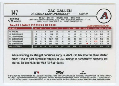 Baseball card featuring statistics for Zac Gallen, 2024 Topps Chrome #147 Arizona Diamondbacks