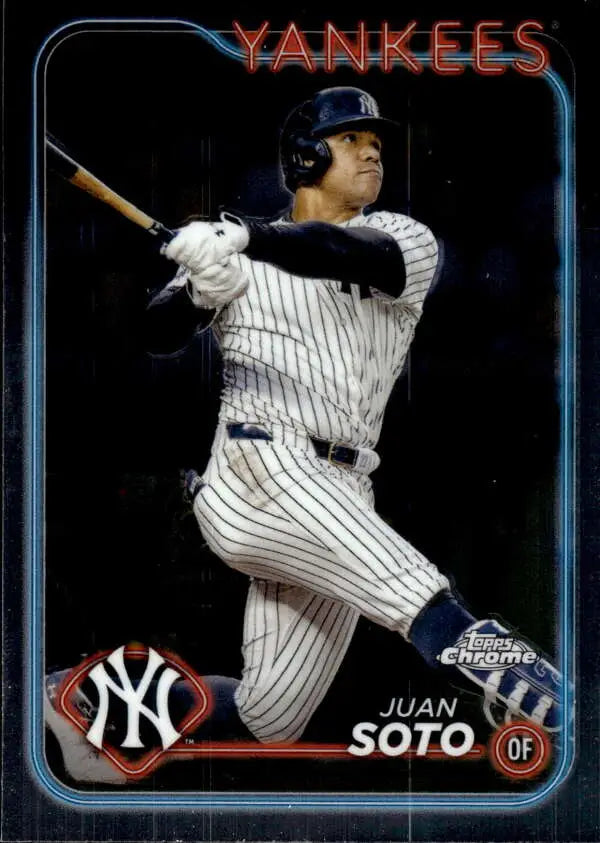 Baseball card of Juan Soto in New York Yankees pinstripes mid-swing