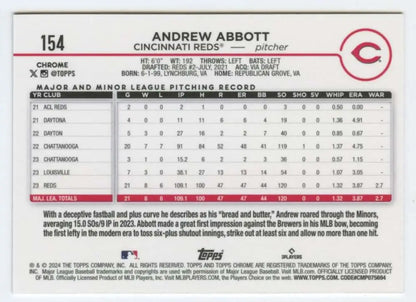 Baseball card featuring Andrew Abbott of the Cincinnati Reds from Topps Chrome