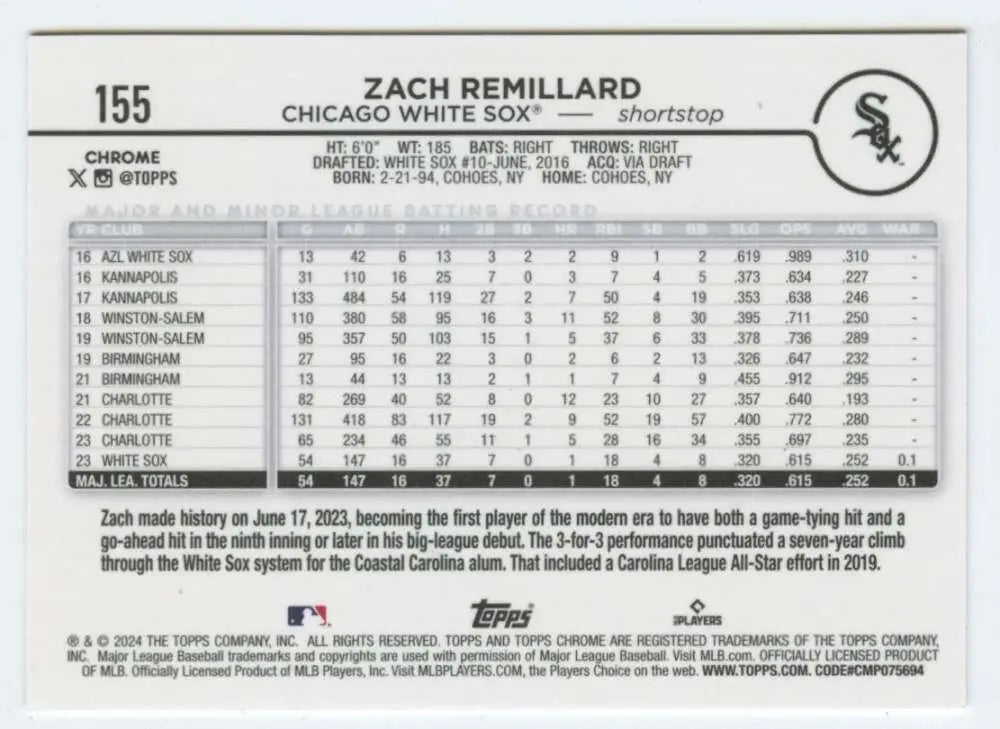 Zach Remillard Chicago White Sox baseball card statistics and performance data