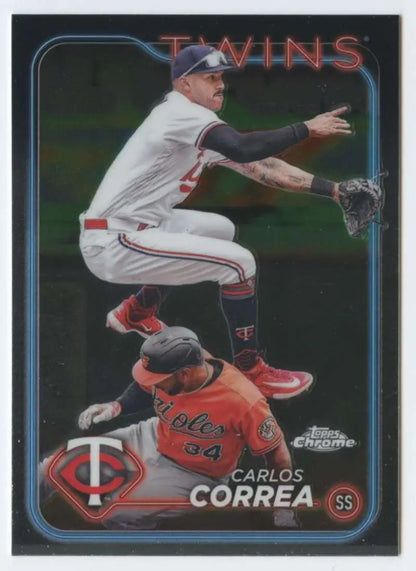 Carlos Correa leaps over a sliding Orioles player in 2024 Topps Chrome Minnesota Twins card