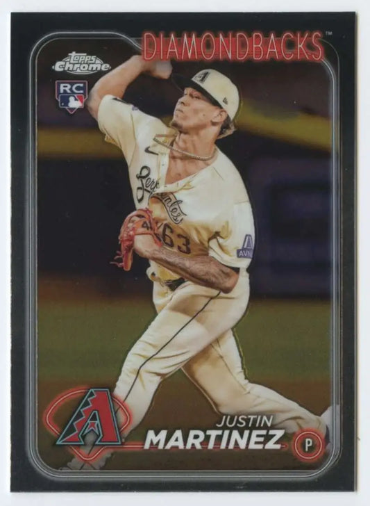 Arizona Diamondbacks pitcher Justin Martinez mid-throw on 2024 Topps Chrome baseball card