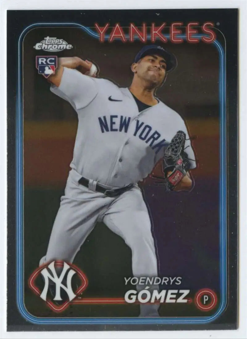 Yoendrys Gomez mid-delivery in white uniform on 2024 Topps Chrome Yankees card