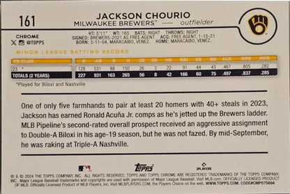 Baseball card of Jackson Chourio, Milwaukee Brewers, 2024 Topps Chrome #161 Rookie