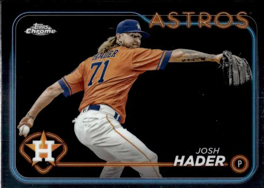 Baseball player in orange Astros jersey throwing pitch on Topps Chrome Josh Hader card