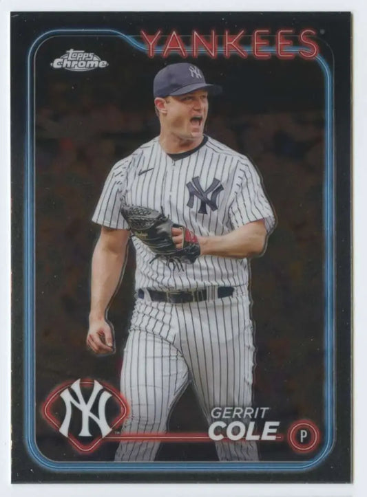 Gerrit Cole in pinstripe uniform showing emotion on New York Yankees baseball card