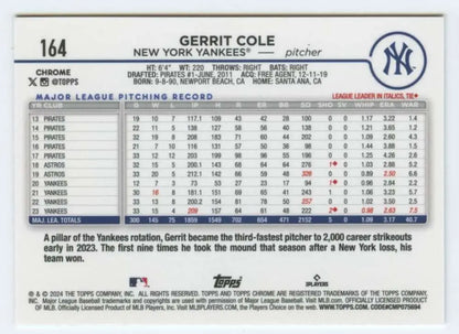 Gerrit Cole pitching stats on 2024 Topps Chrome New York Yankees Baseball Card