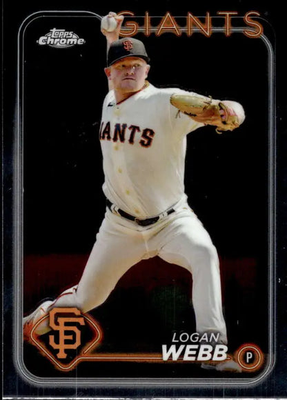 Logan Webb pitching in white uniform on San Francisco Giants baseball card 2024 Topps Chrome