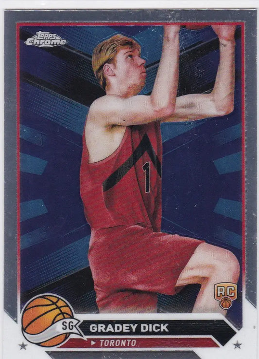 Basketball trading card of Gradey Dick in red Toronto Raptors jersey shooting