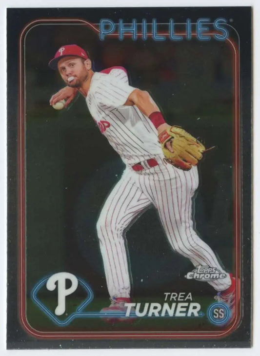 Baseball card of Trea Turner throwing in white pinstriped uniform for Philadelphia Phillies