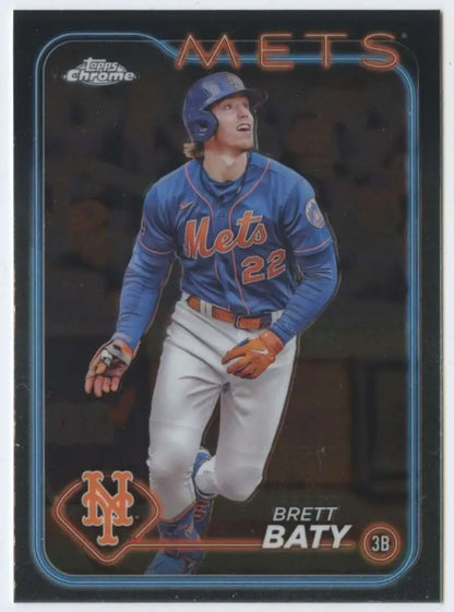 Baseball card of Brett Baty in a blue New York Mets jersey looking upwards