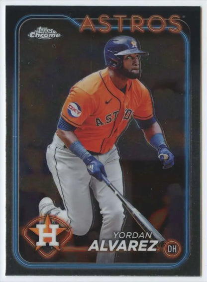 Yordan Alvarez at bat in an orange jersey on a Houston Astros baseball card